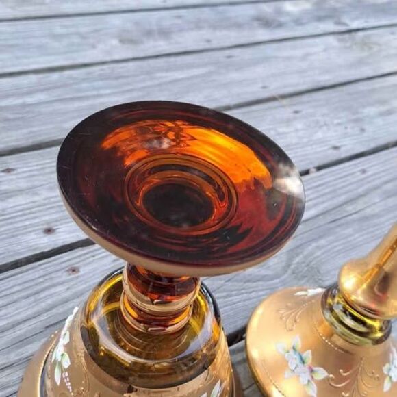 Antique BOHEMIAN Gold Gilt ENAMEL Amber Glass PEDESTAL Candy Jar Dish W/Lid - Picture 6 of 7